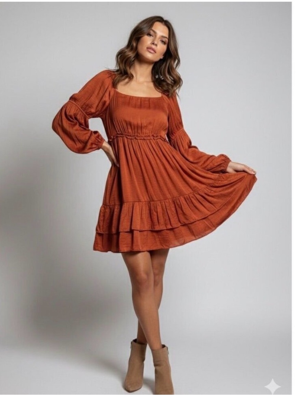 Umgee Burnt Orange Long Sleeve Ruffle Mini Dress